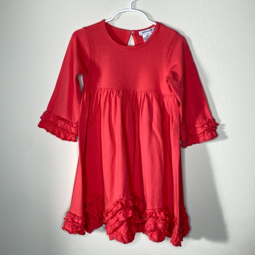 Just Blanks Salmon Multi Ruffled Dress Scoop Neck Keyhole Back Size 4T/4